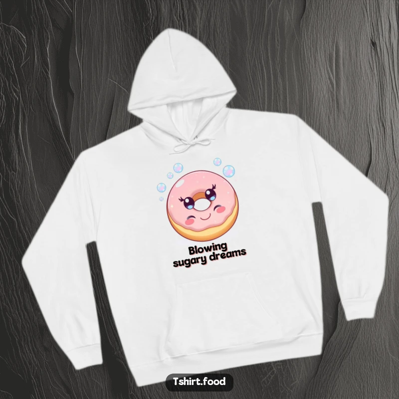 Funny hoodie with a cheerful donut character happily blowing iridescent bubbles, combining cozy comfort with sweet and bubbly humor.