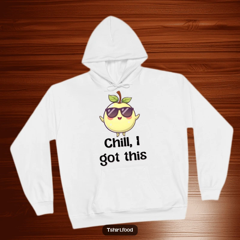 Funny winking plum in sunglasses, perfectly balanced on a cozy hoodie, exuding cool humor and comfort.
