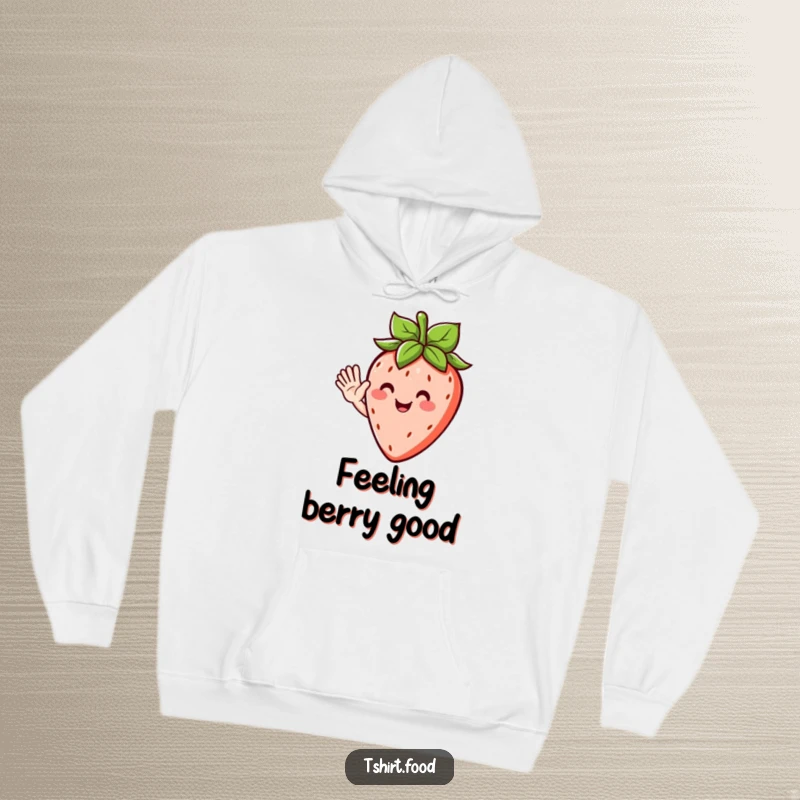 Funny hoodie featuring a happy strawberry character with leafy hair, merrily waving hello, perfect for staying warm and cheerful.