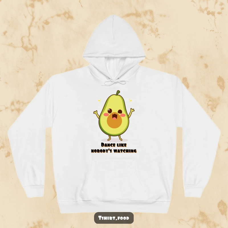 Funny avocado dance hoodie with a surprised fruit busting a move, a comfy funny gift.