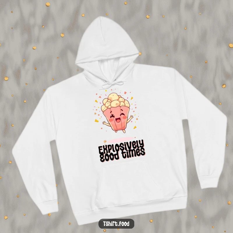 Funny Popcorn Hoodie: A happy popcorn kernel character explodes with confetti and glee, creating a warm and celebratory vibe.