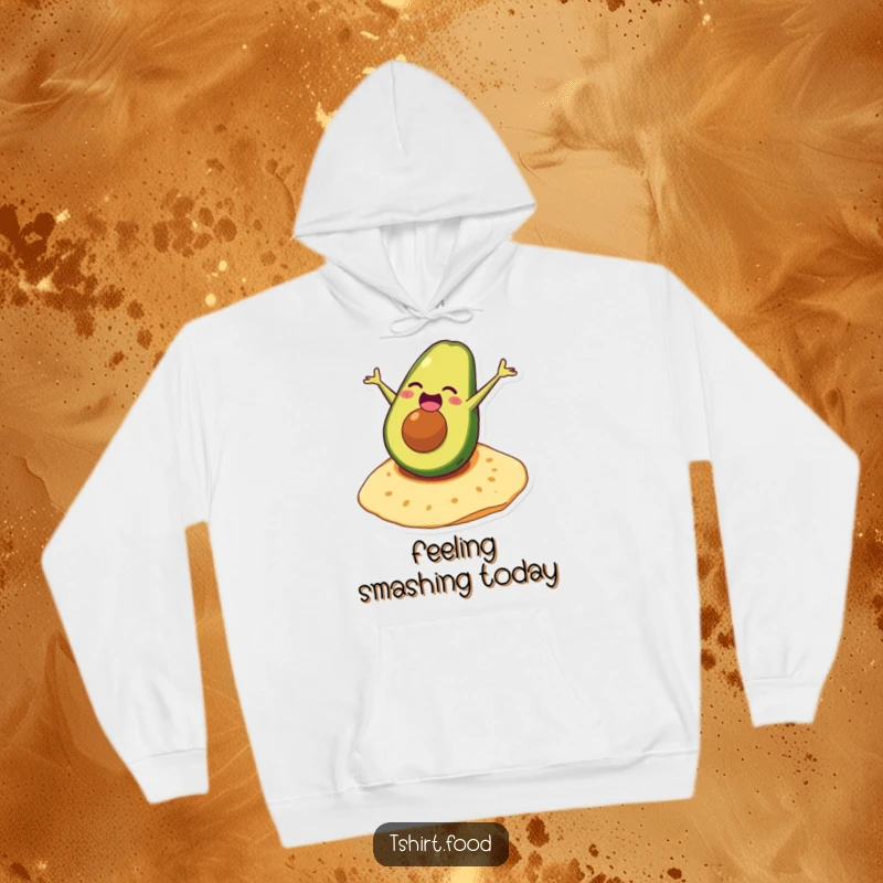 Funny avocado hoodie showing a laughing character mid-somersault on a tortilla, perfect for cozy, humorous wear.