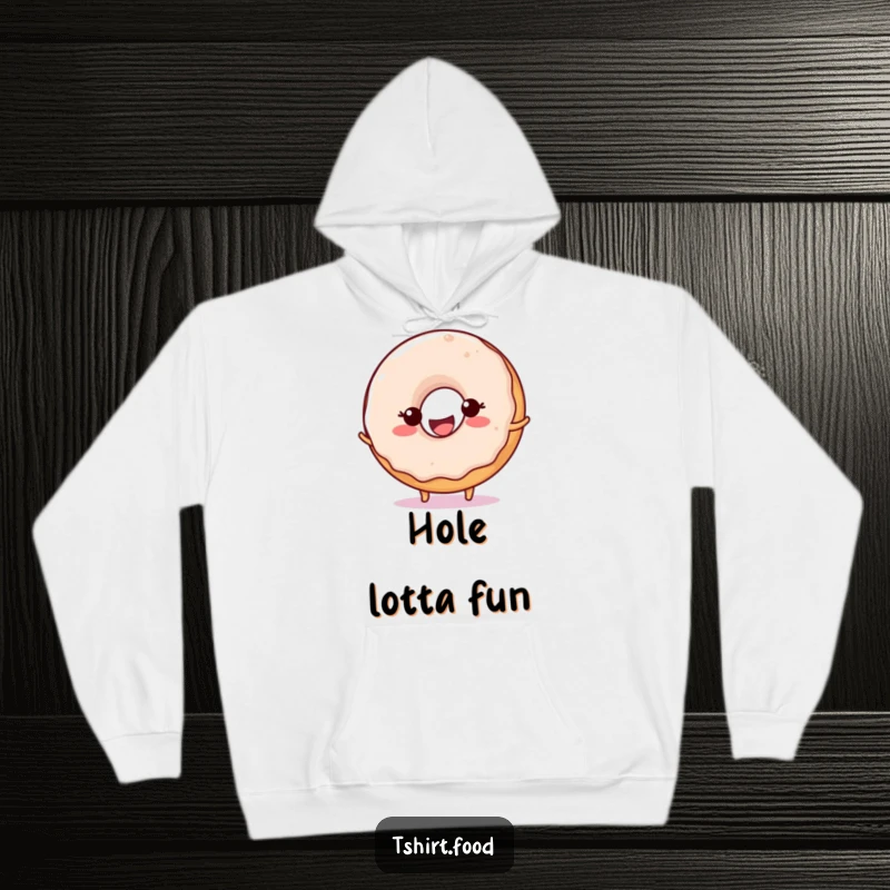 Funny Donut Ball Bounce Hoodie featuring a happy donut character with a large smile, energetically bouncing a ball, perfect for cozy days.