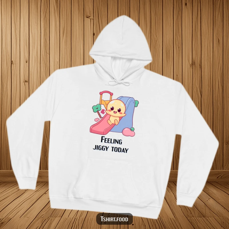 Funny Jelly Slide Hoodie showing a wobbly jelly character with round eyes, enthusiastically sliding down a slide, perfect for cozy relaxation.