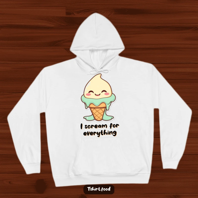 Funny happy ice cream cone character melting slightly with a wide, silly smile, on a cozy hoodie. Warm and whimsical.