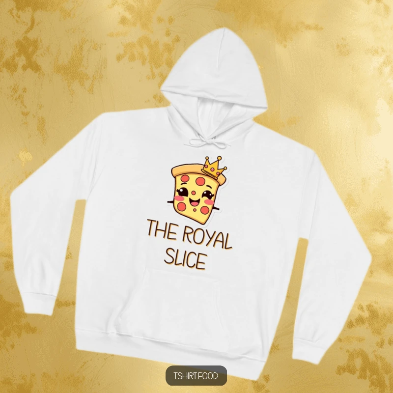 Funny Hoodie showcasing a grinning pizza slice character wearing a tiny crown, perfect for staying warm and stylishly cheesy.