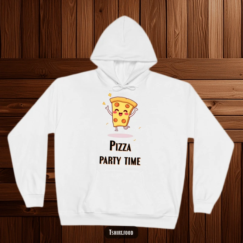 Funny hoodie illustrating a cheesy pizza slice character doing a jubilant celebratory dance with tiny, happy legs, radiating party vibes.