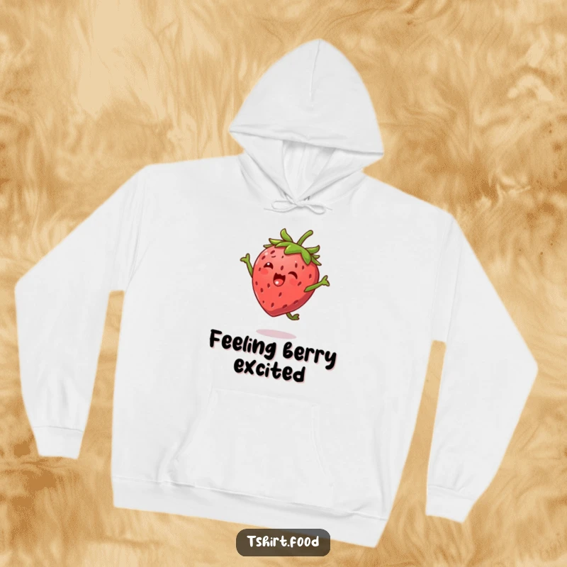 Funny Strawberry Jump Hoodie showing a happy strawberry character with tiny leaf arms, executing a joyful high jump, perfect for cozy days.