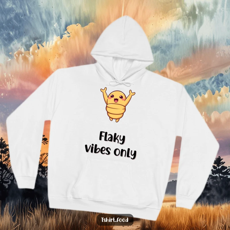 Funny hoodie illustration of a surprised croissant character leaping joyfully mid-air with arms outstretched, embodying a moment of pure, buttery elation.
