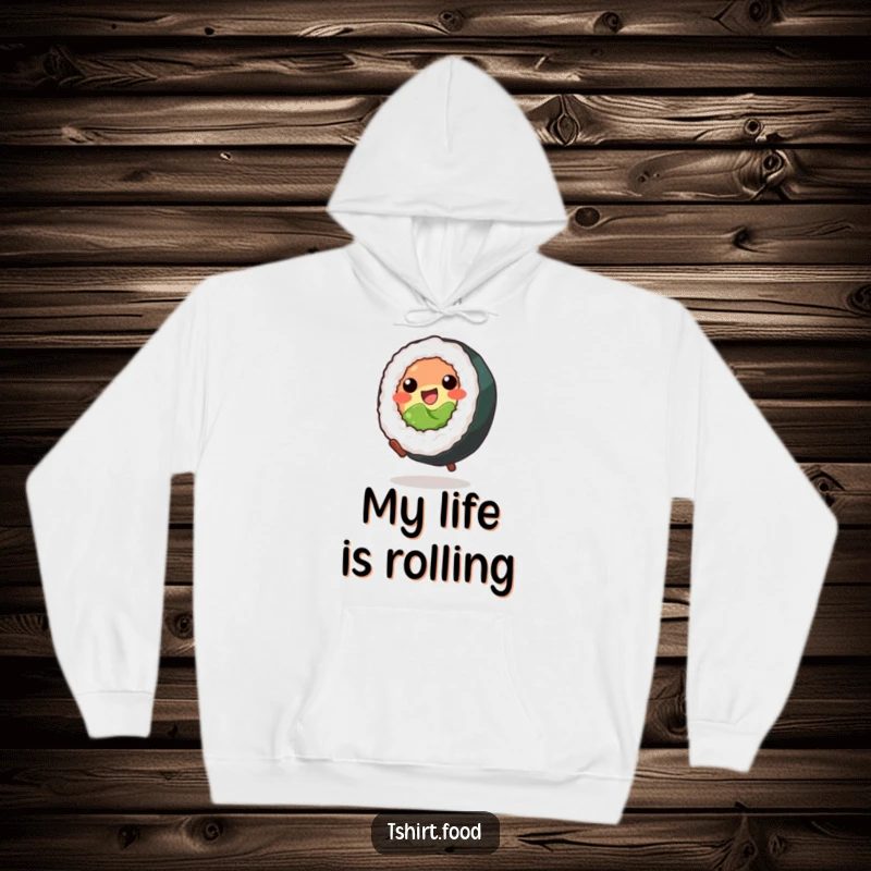 Funny Hoodie: A happy sushi roll gracefully executing a cartwheel, radiating pure joy and playful movement.