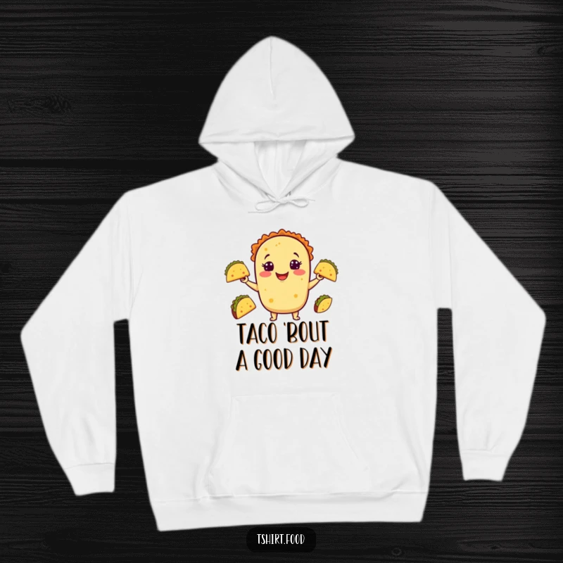 Funny Taco Hoodie depicting a cheerful taco juggling tiny tacos, designed for warmth and humorous self-expression during chilly days.