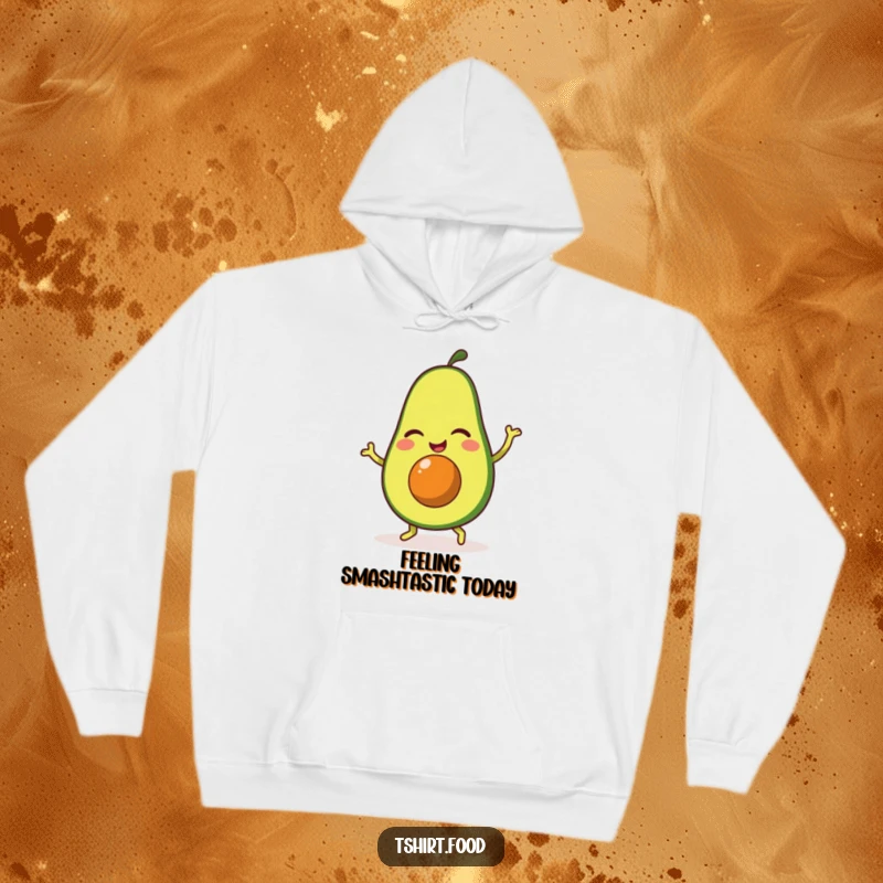 Funny hoodie depicting a winking avocado character in the middle of a joyful, bouncy jig, exuding playful energy and charm.