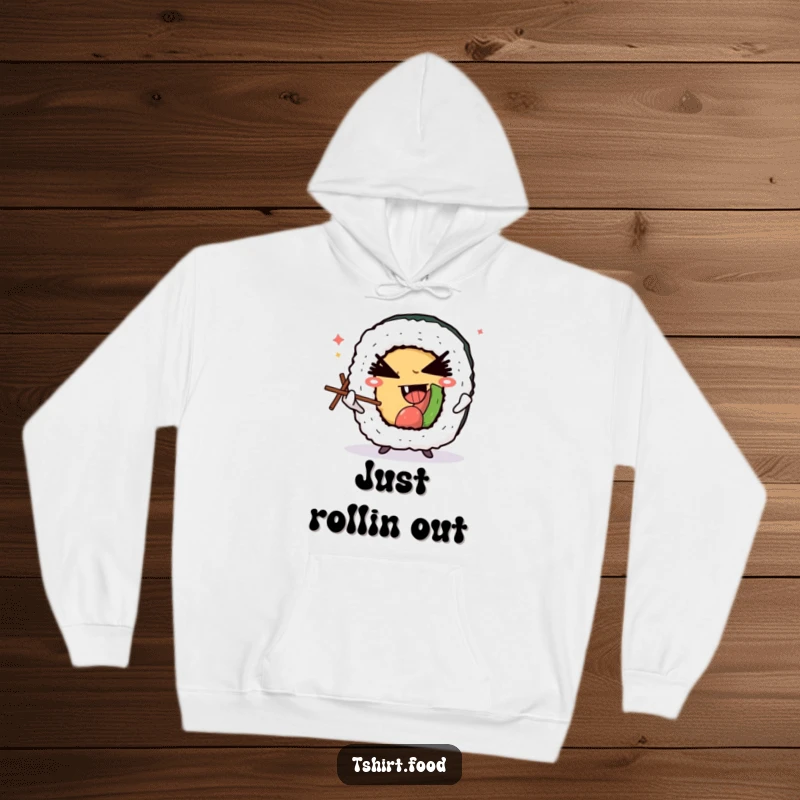 Funny hoodie featuring a winking sushi roll character masterfully juggling tiny chopsticks, emphasizing its devilish grin and playful nature.