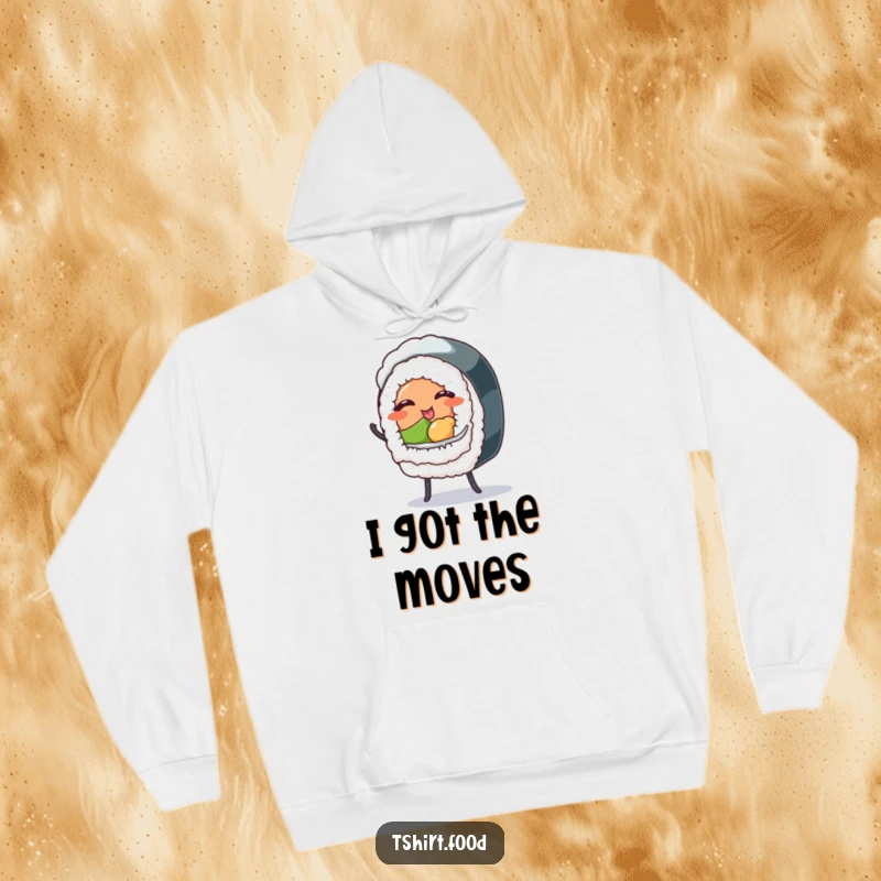 Funny hoodie featuring a winking sushi roll with tiny legs dancing, offering warmth and a humorous, playful vibe.