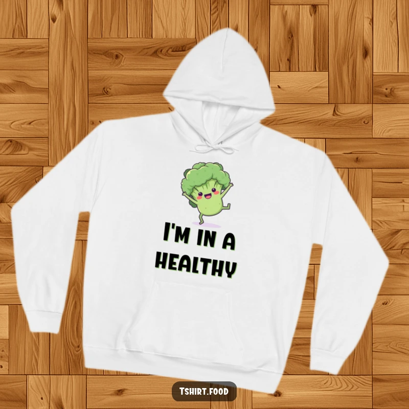 Funny broccoli hoodie featuring a playful floret doing a cartwheel, perfect for comfort and active, green humor.