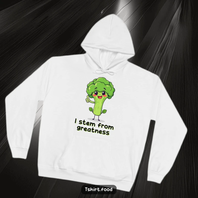Funny broccoli character giving a thumbs up, balancing on its stem, featured on a cozy hoodie. Warm and witty apparel.