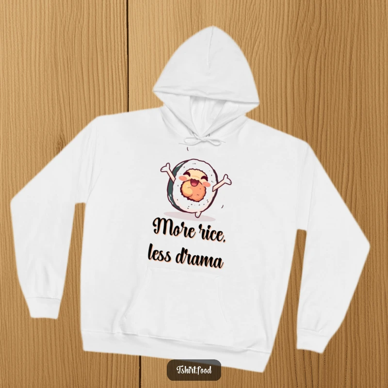 Funny sushi hoodie featuring a happy sushi roll doing a cartwheel, embodying warmth and tasty fun.