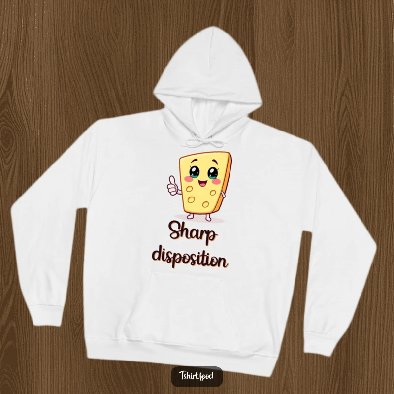 Funny cozy hoodie depicting a joyful cheese wedge character giving a thumbs up, perfect for spreading warmth and cheer.