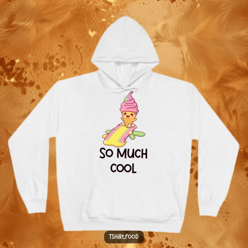 Funny hoodie illustrating a smiling ice cream cone character cheerfully sliding down a bright rainbow, representing sweet, post-melt happiness.
