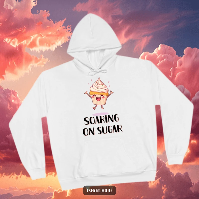 Funny leaping cupcake hoodie showing a happy cupcake mid-leap with frosting showering down, cozy and full of sweet celebration.