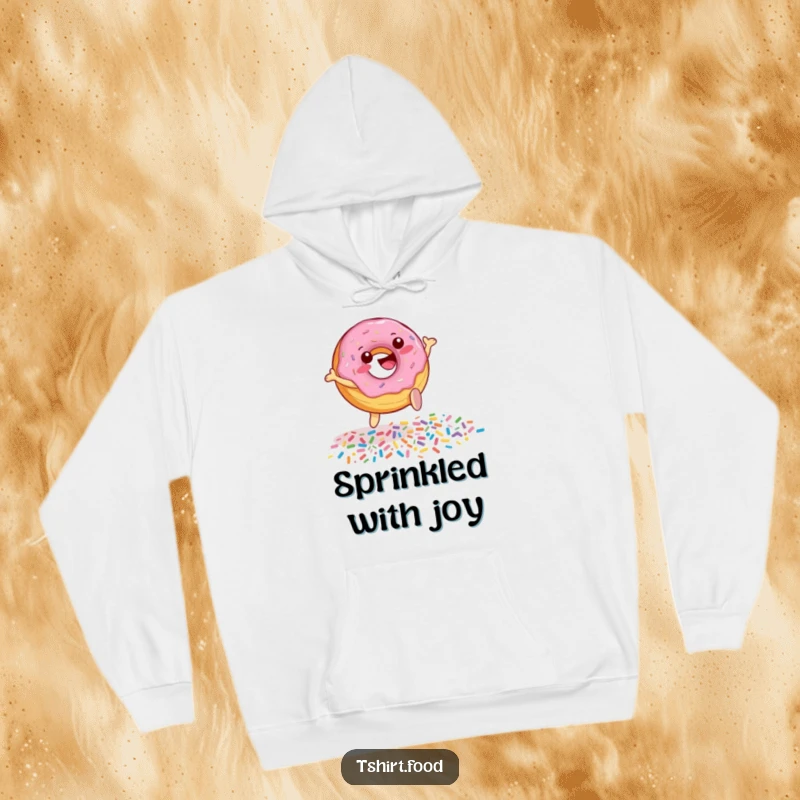 Funny Donut Sprinkle Leap Hoodie featuring a cheerful donut character jumping over sprinkles, offering warmth and a joyful, sweet aesthetic.