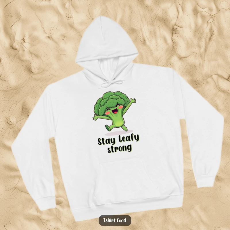 Funny Broccoli Hoodie: A cheerful broccoli character performing a cartwheel with arms outstretched, embodying vibrant energy and playful fitness.