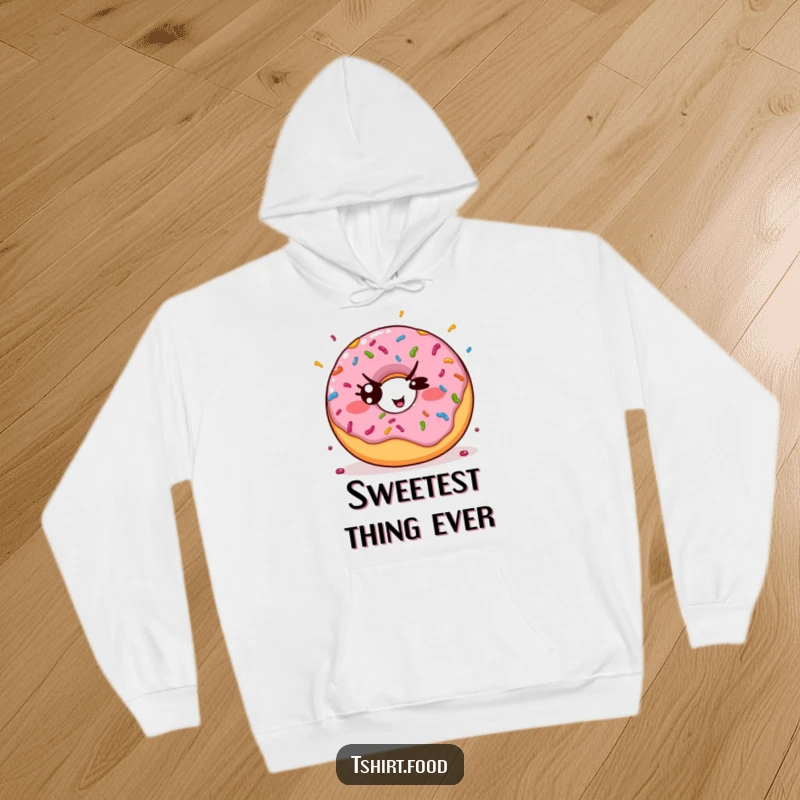 Funny hoodie featuring a kawaii donut throwing colorful sprinkles with a mischievous wink, offering warmth and playful charm.