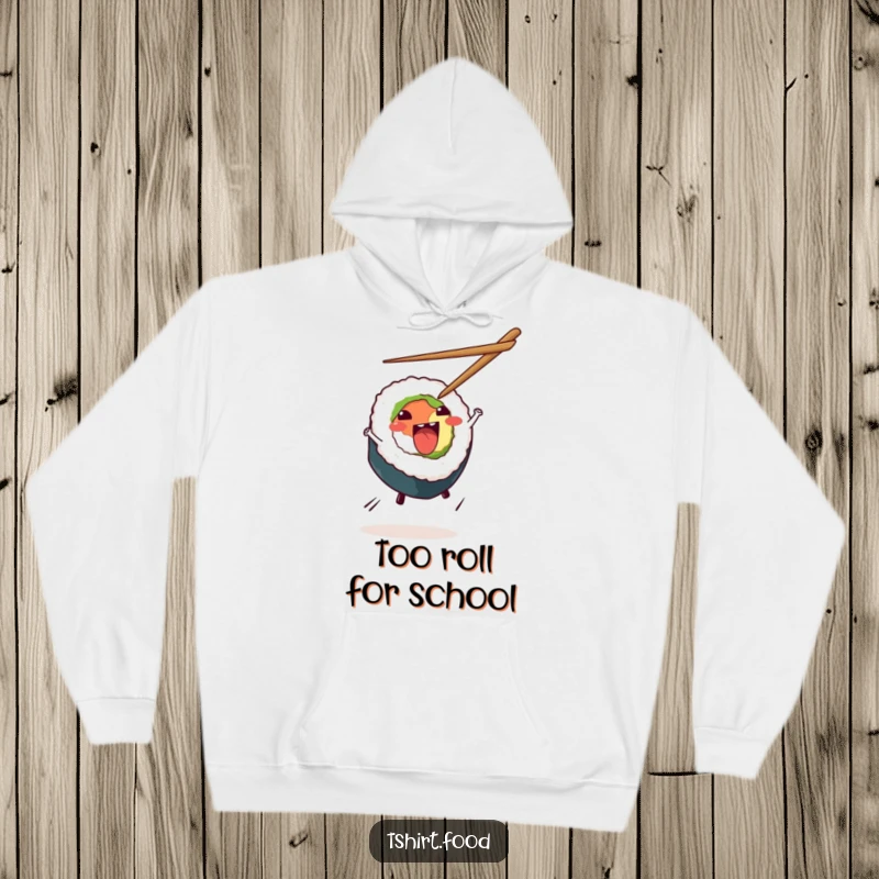 Funny Sushi Cartwheel Hoodie featuring a dynamic sushi roll mid-cartwheel with chopsticks in the air, offering warmth and humorous Japanese-inspired style.