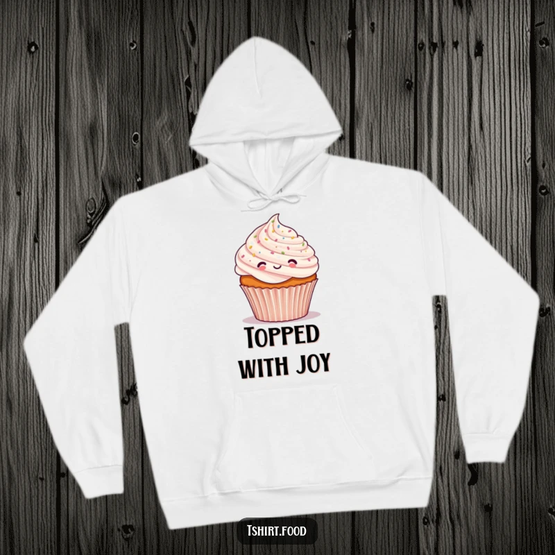 Funny hoodie featuring a cheerful cupcake character covered in tiny confetti, offering cozy comfort with a festive, humorous design.