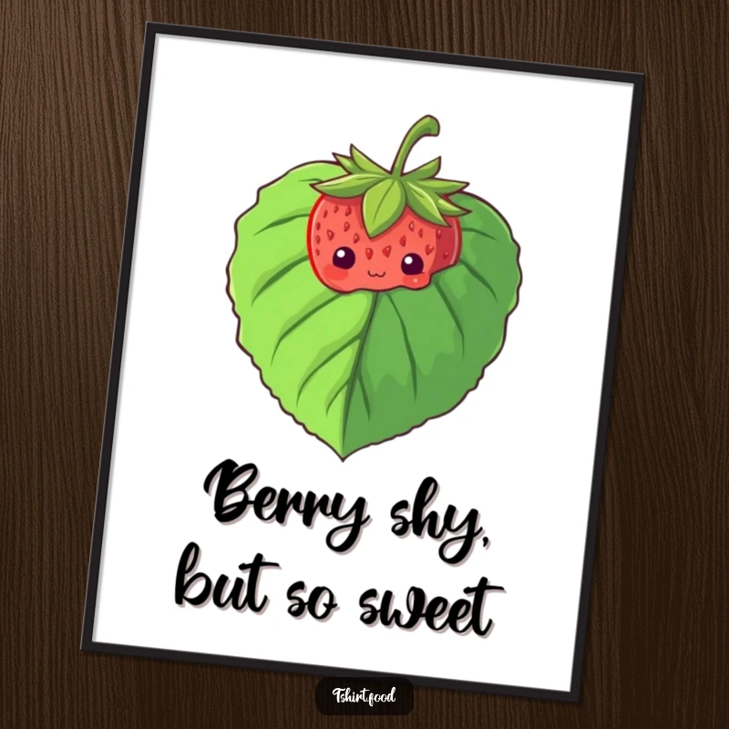 Funny free printable wall art: A small, shy strawberry peeking out with cute eyes from behind a large, green leaf.
