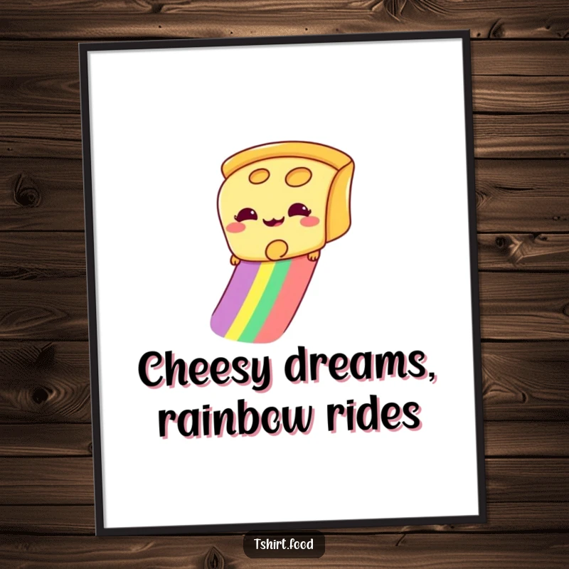 Funny free printable wall art: A giddy slice of cheese with a huge smile sliding happily down a vibrant rainbow.