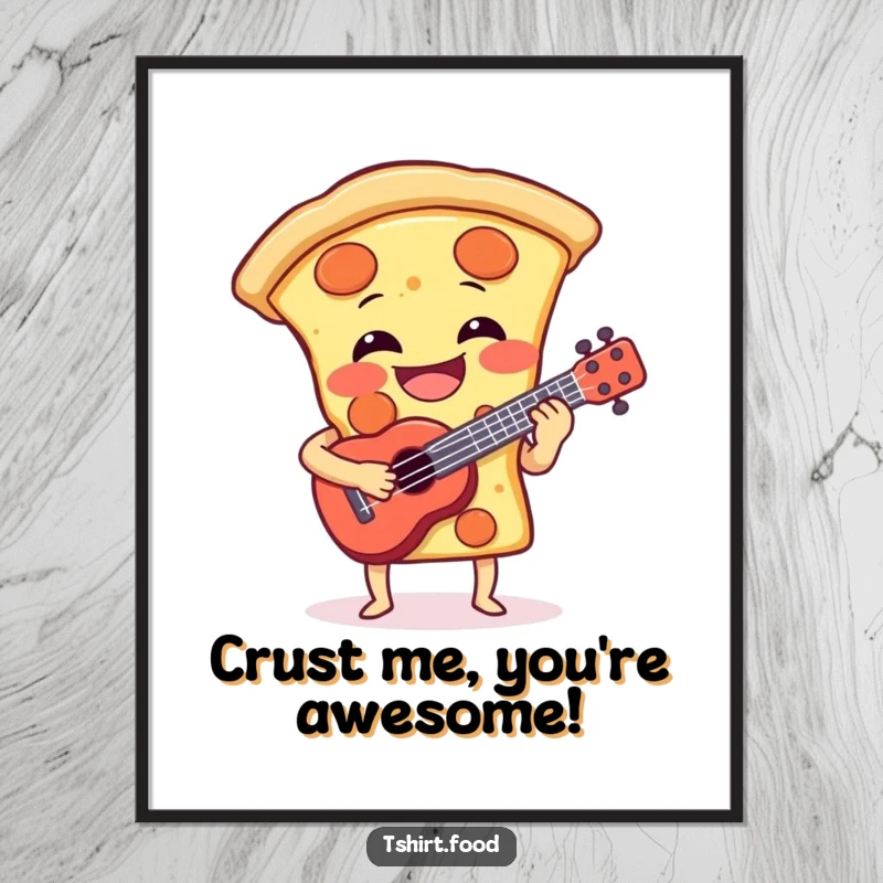 Funny Free Printable Wall Art: A laughing pizza slice musician playing a tiny ukulele with joyful abandon.