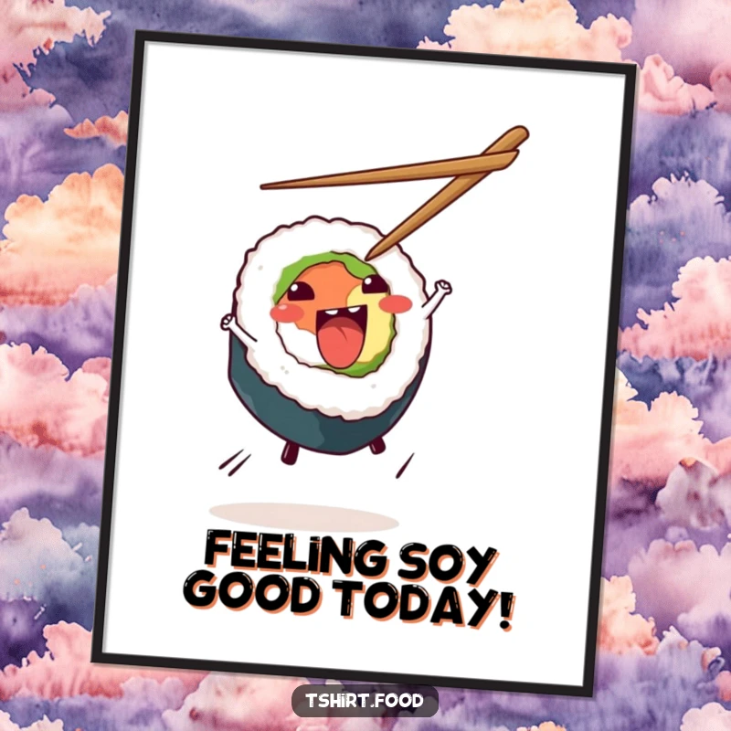 Funny Free Printable Wall Art: A sushi roll in mid-cartwheel with chopsticks flying, a vibrant and downloadable art piece.