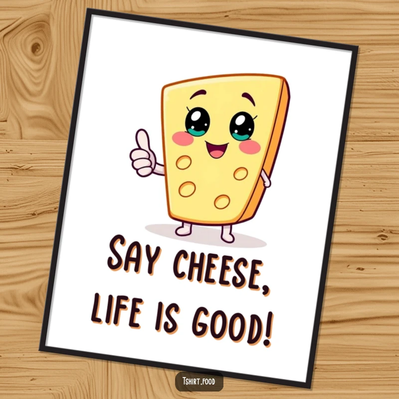 Funny Free Printable Wall Art: Joyful cheese wedge character giving a thumbs up with tiny arms, a funny piece of downloadable art.
