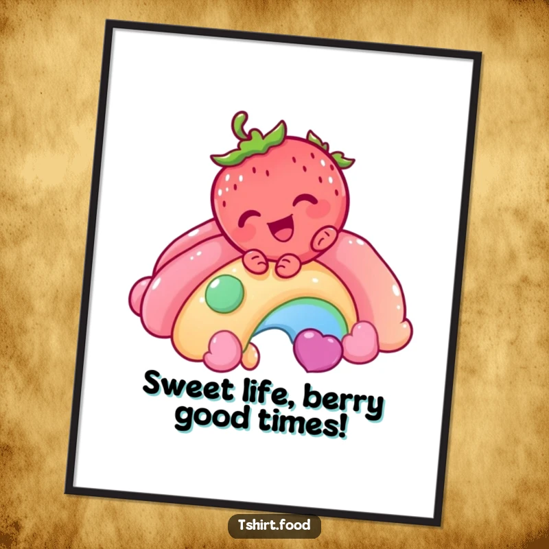 Funny Free Printable Wall Art: A giggling strawberry character slides down a whimsical rainbow made of candy, downloadable art.
