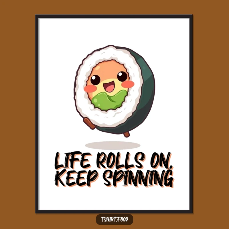 Free Printable Sushi Wall Art: Funny Cartwheeling Roll Decor Downloadable