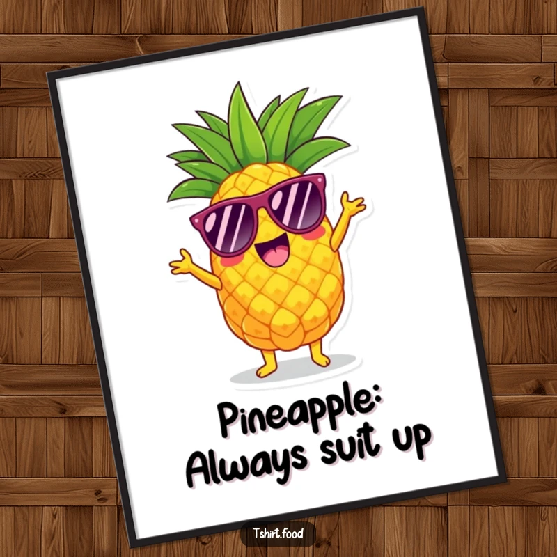 Funny Free Printable Wall Art: A beaming pineapple wearing sunglasses and confidently doing a stylish shimmy dance.