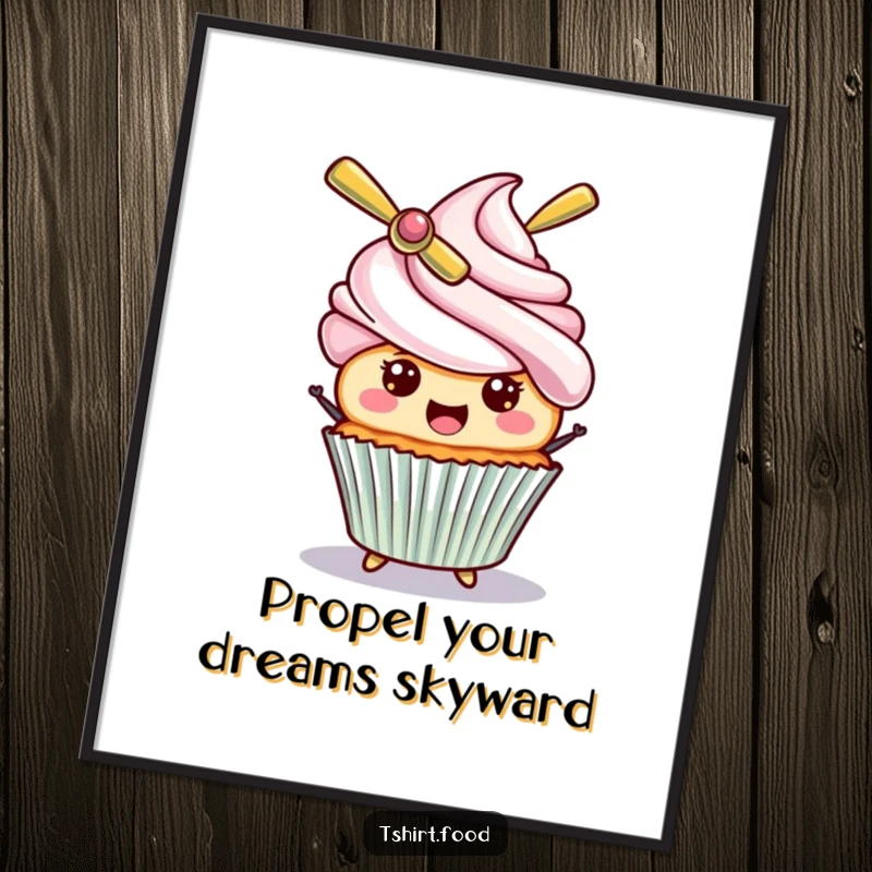 Funny free printable wall art of a smiling cupcake enthusiastically spinning a colorful propeller hat. A whimsical, downloadable piece for any room.