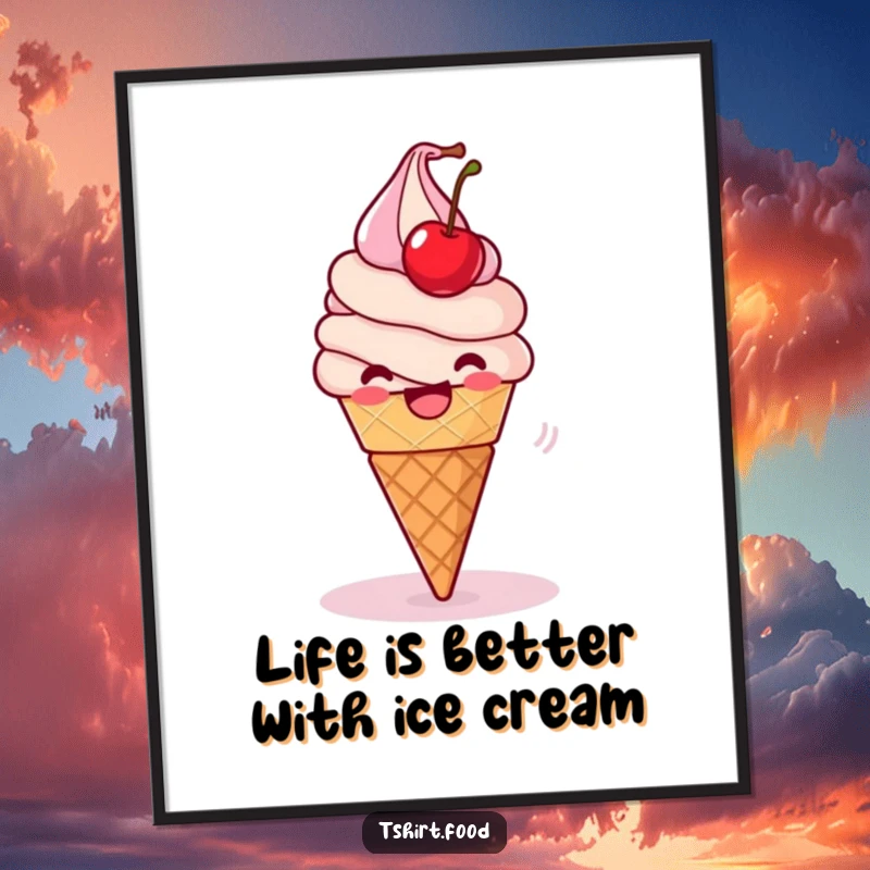 Funny Free Printable Wall Art: A delighted ice cream cone performs a playful spin with a cherry.