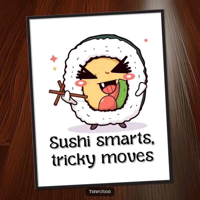 Funny Free Printable Wall Art: A winking sushi roll character with a devilish grin expertly juggles tiny chopsticks, exuding playful charm.