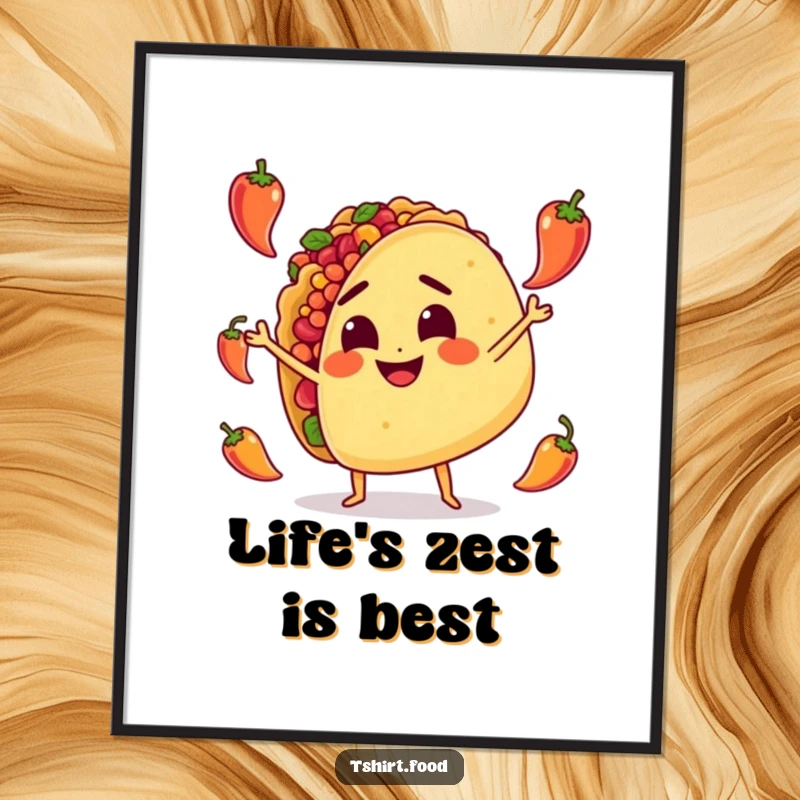 Funny Free Printable Wall Art: A smiling taco character with a determined expression, juggling small peppers with flair.