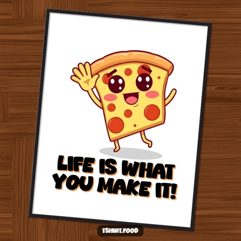 Funny Free Printable Wall Art: A pizza slice with pepperoni eyes waving and busting out a silly dance move.