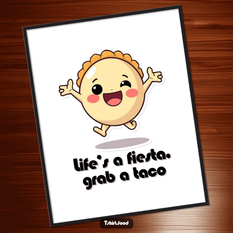 Funny free printable wall art of a round taco character leaping forward with arms outstretched and a cheerful, wide smile.
