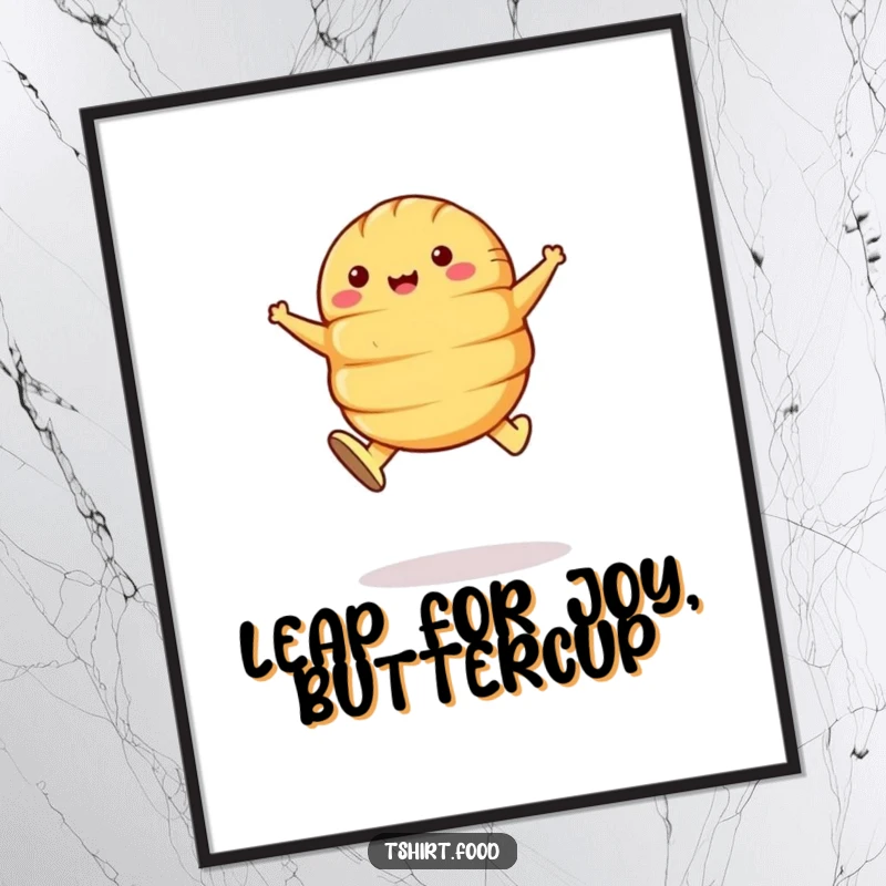 Funny Free Printable Wall Art: A croissant with butter pats for shoes performing a joyful mid-air leap, downloadable decor.