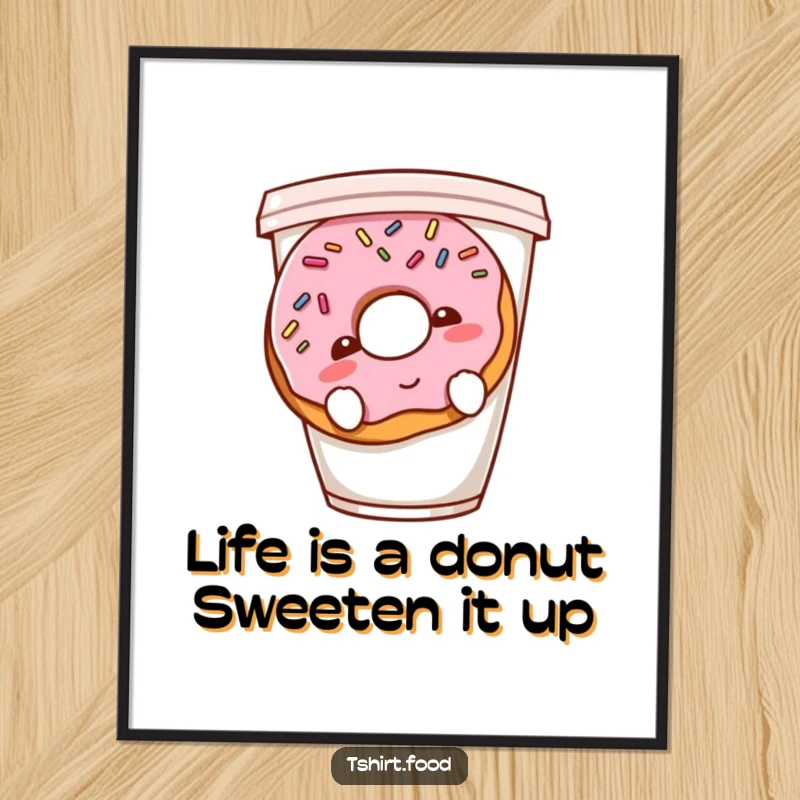 Funny Free Printable Wall Art: A shy donut with sprinkles blushing, hiding behind a coffee cup. Adorable downloadable decor.