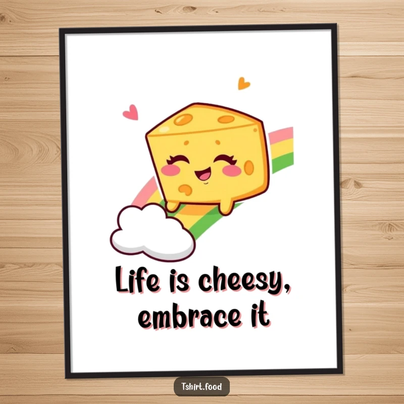 Funny Free Printable Wall Art: Winking cheese wedge gleefully slides down a vibrant rainbow, radiating pure joy and humor.