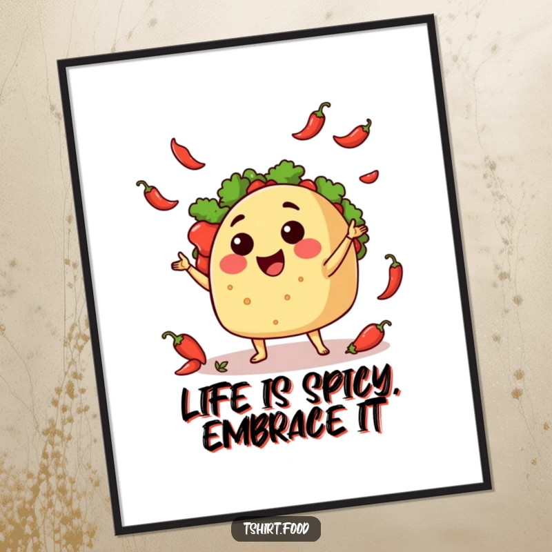 Funny Free Printable Wall Art: A happy taco expertly juggling tiny chili peppers, bringing festive energy to any room.