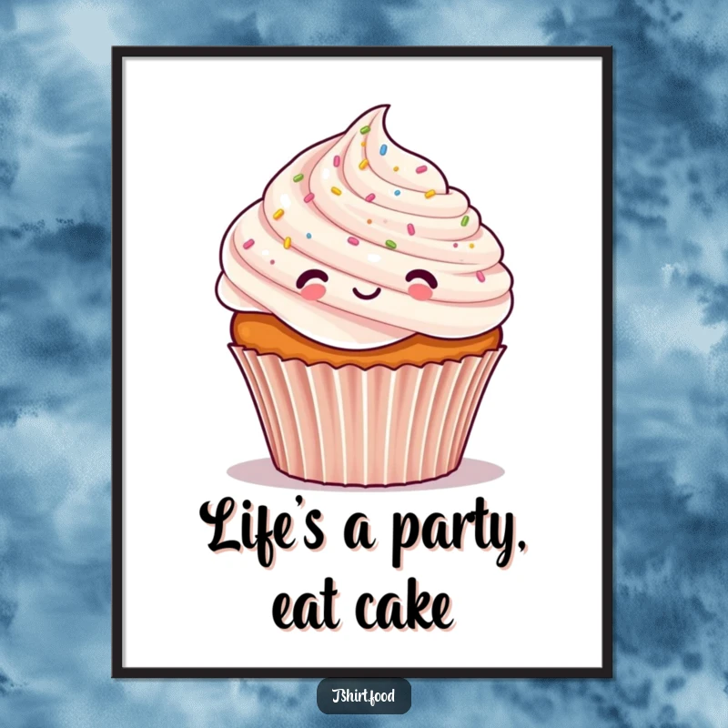 Funny Free Printable Wall Art: A cheerful cupcake character adorned with frosting and surrounded by tiny, festive confetti.