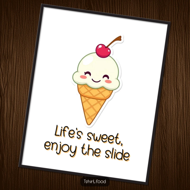 Funny free printable wall art: grinning ice cream cone with cherry sliding playfully, colorful and fun downloadable decor.
