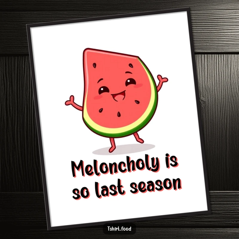 Funny free printable wall art: A slice of watermelon gleefully dancing with a huge, silly, infectious grin.